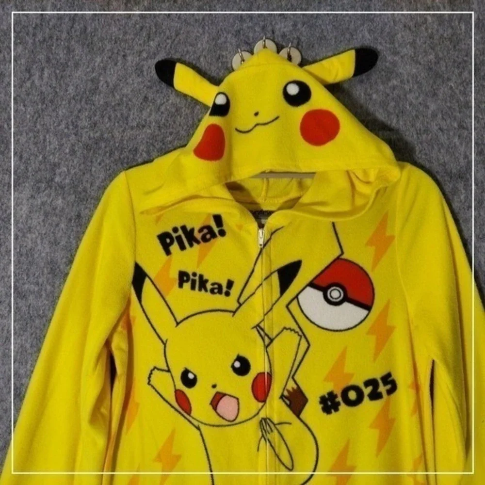Pokemon Pajama Costume Kid L Pikachu Yellow Hooded Fleece One Piece Cosplay Suit
